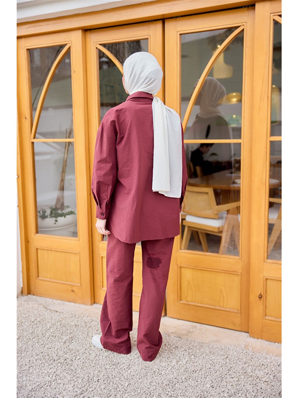 Kadın Düğme Detay Yan Bağlamalı Keten Takım Bordo-4