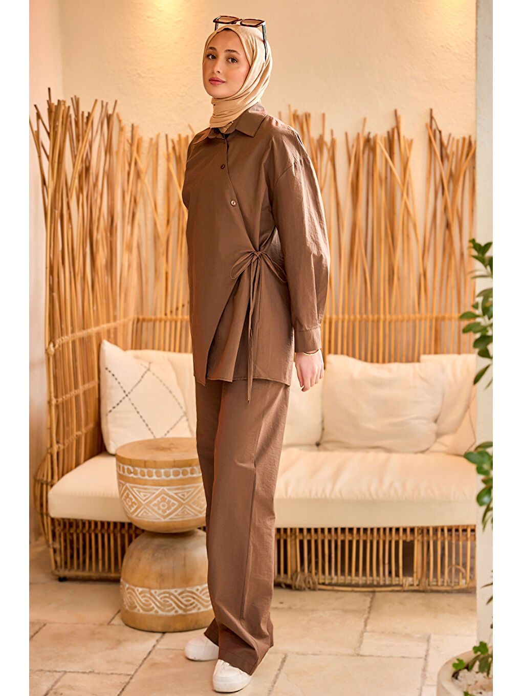 Kadın Düğme Detay Yan Bağlamalı Keten Takım Kahverengi-3