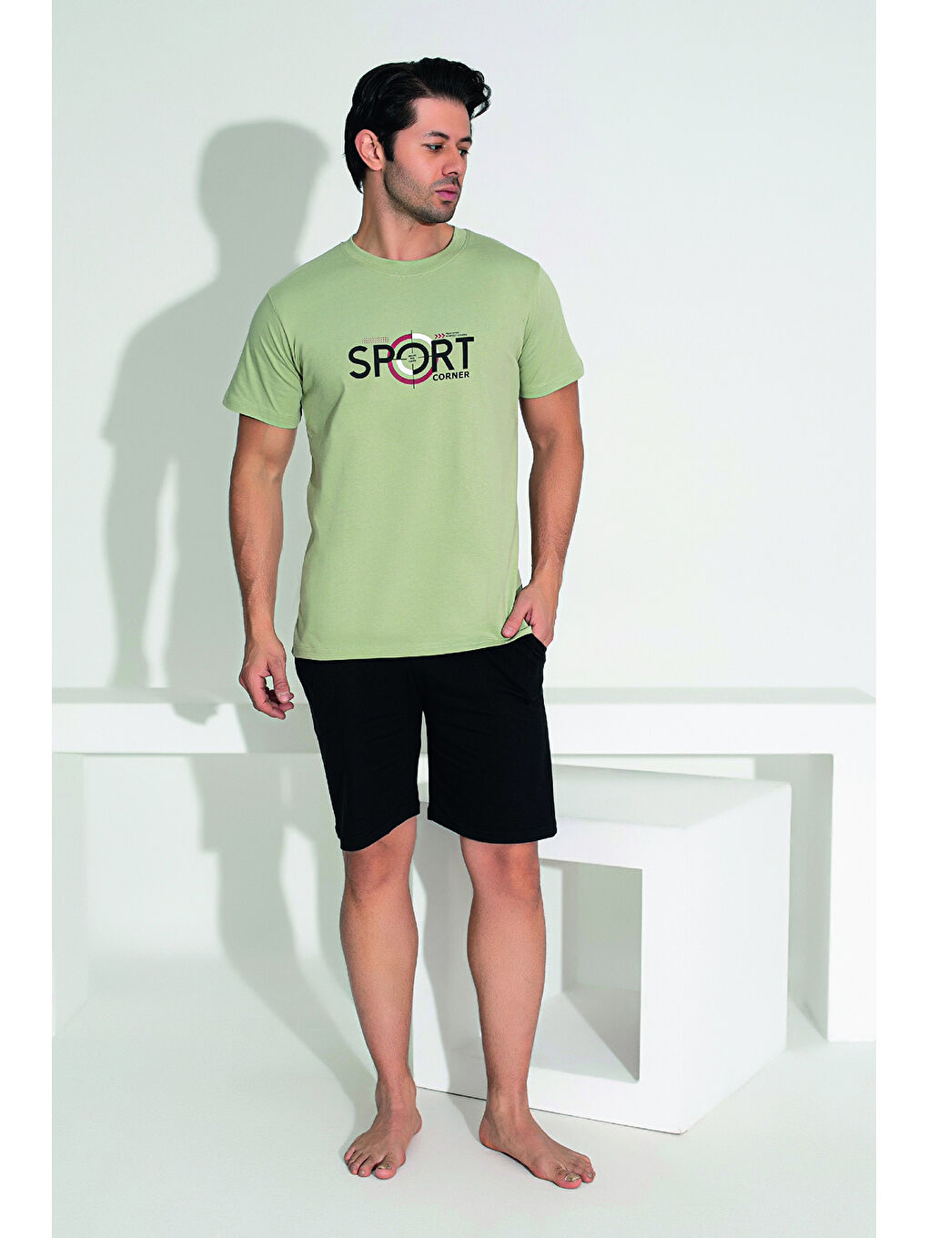 Erkek Şort Tişört %100 Pamuk Şortlu Pijama Takımı 25253 Haki-2