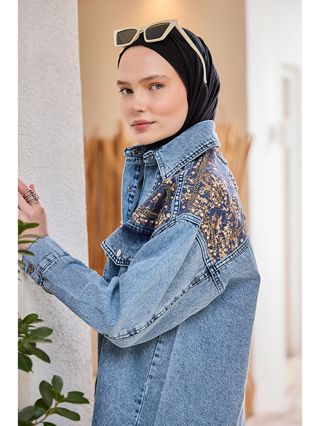 Kadın Gold Varak Desenli Jean Ceket  Buz Mavi-3