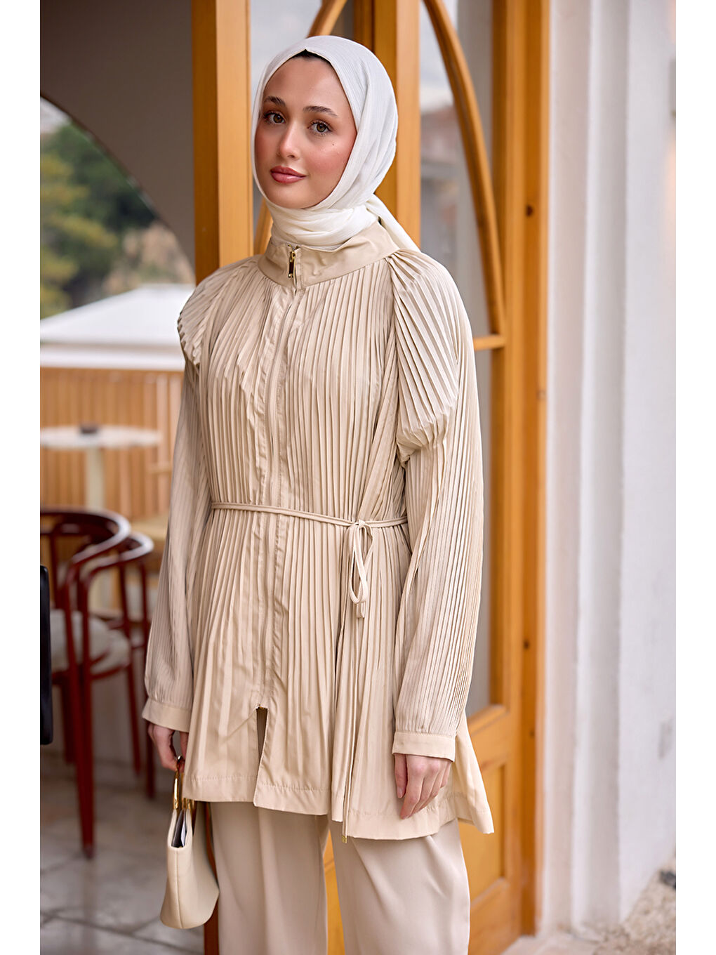 Ekru Kadın Micro Pileli Kısa Trenç Krem-2