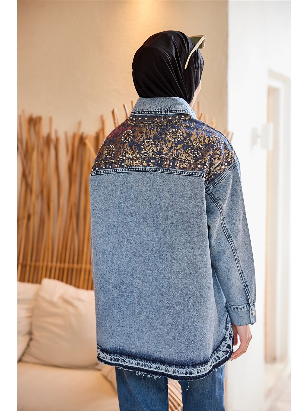 Kadın Gold Varak Desenli Jean Ceket  Buz Mavi-4