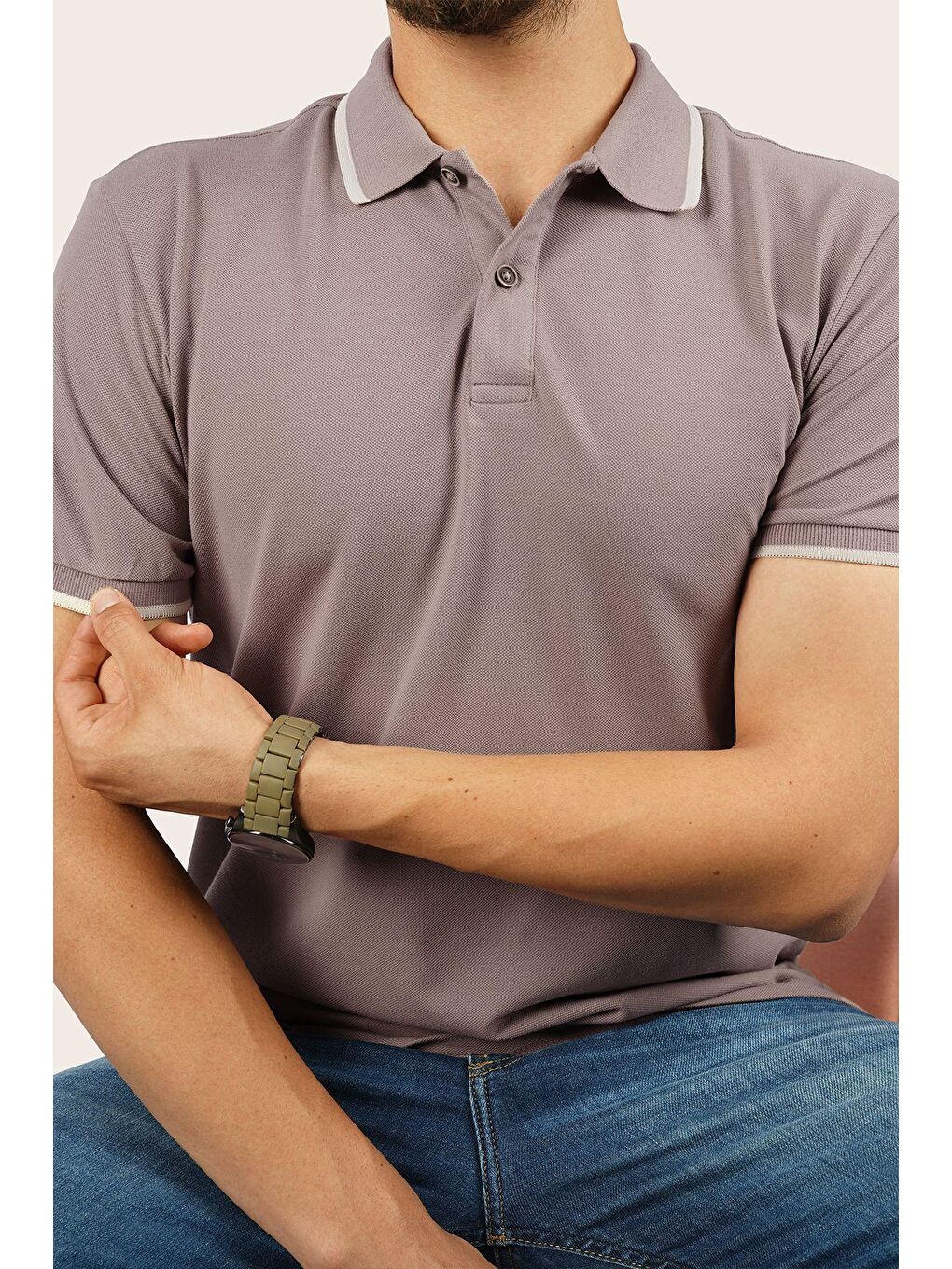 Vizon Bej Yaka Çizgili Erkek Polo Yaka %100 Pamuk Tişört-1