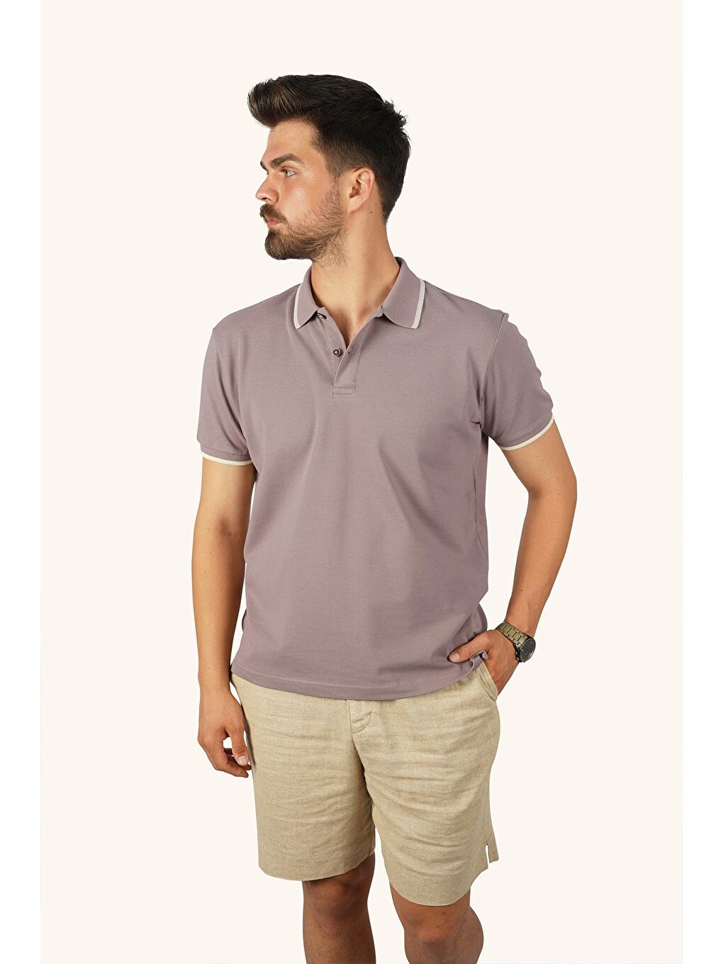 Vizon Bej Yaka Çizgili Erkek Polo Yaka %100 Pamuk Tişört-2