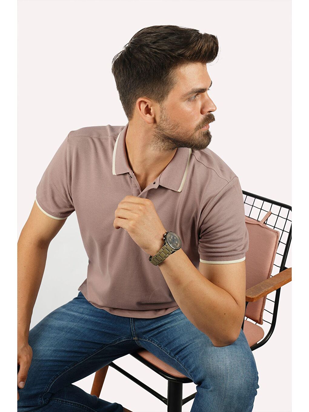 Vizon Bej Yaka Çizgili Erkek Polo Yaka %100 Pamuk Tişört-4