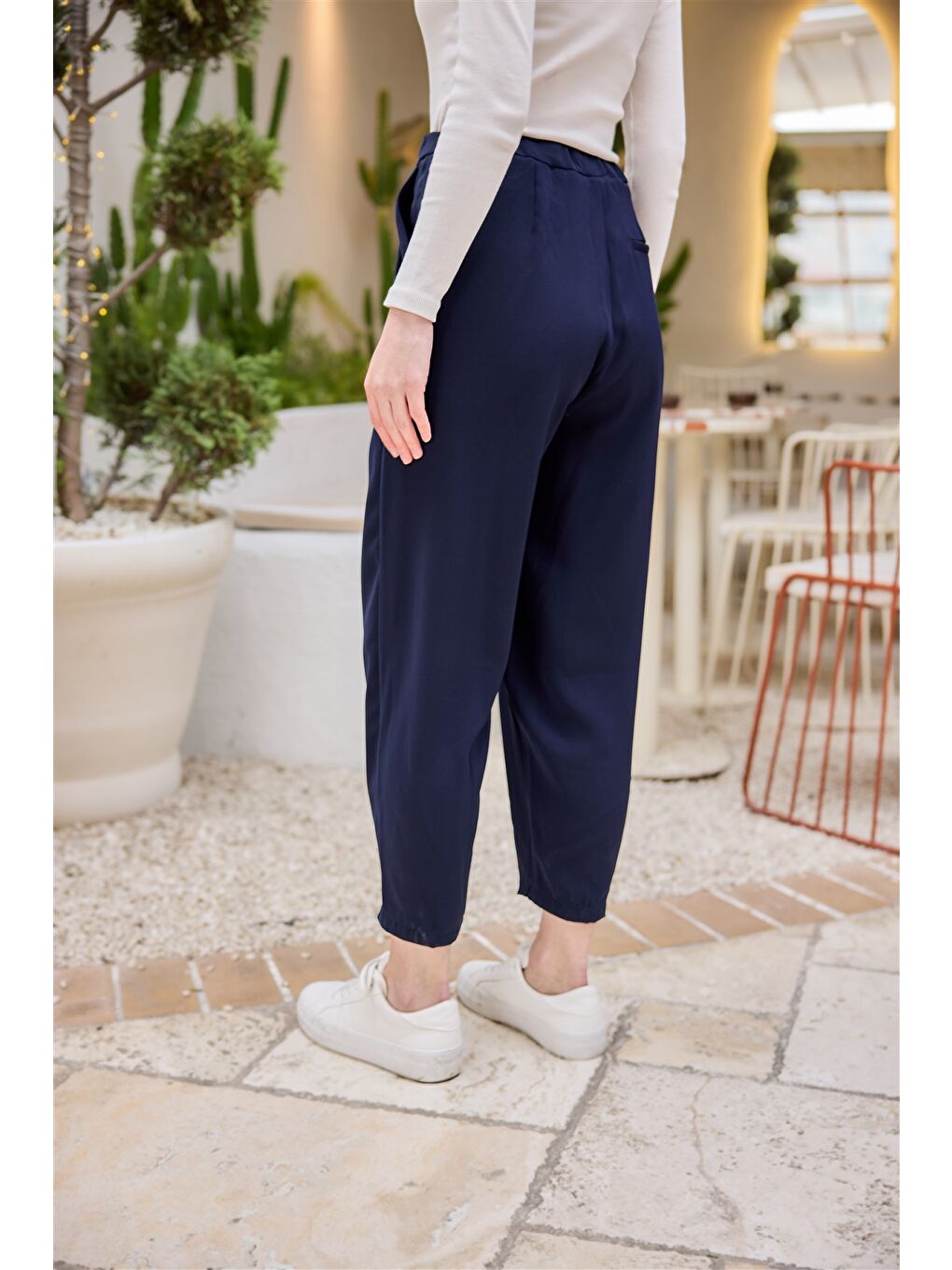Kadın Beli Lastikli  Havuç Pantolon Lacivert-2