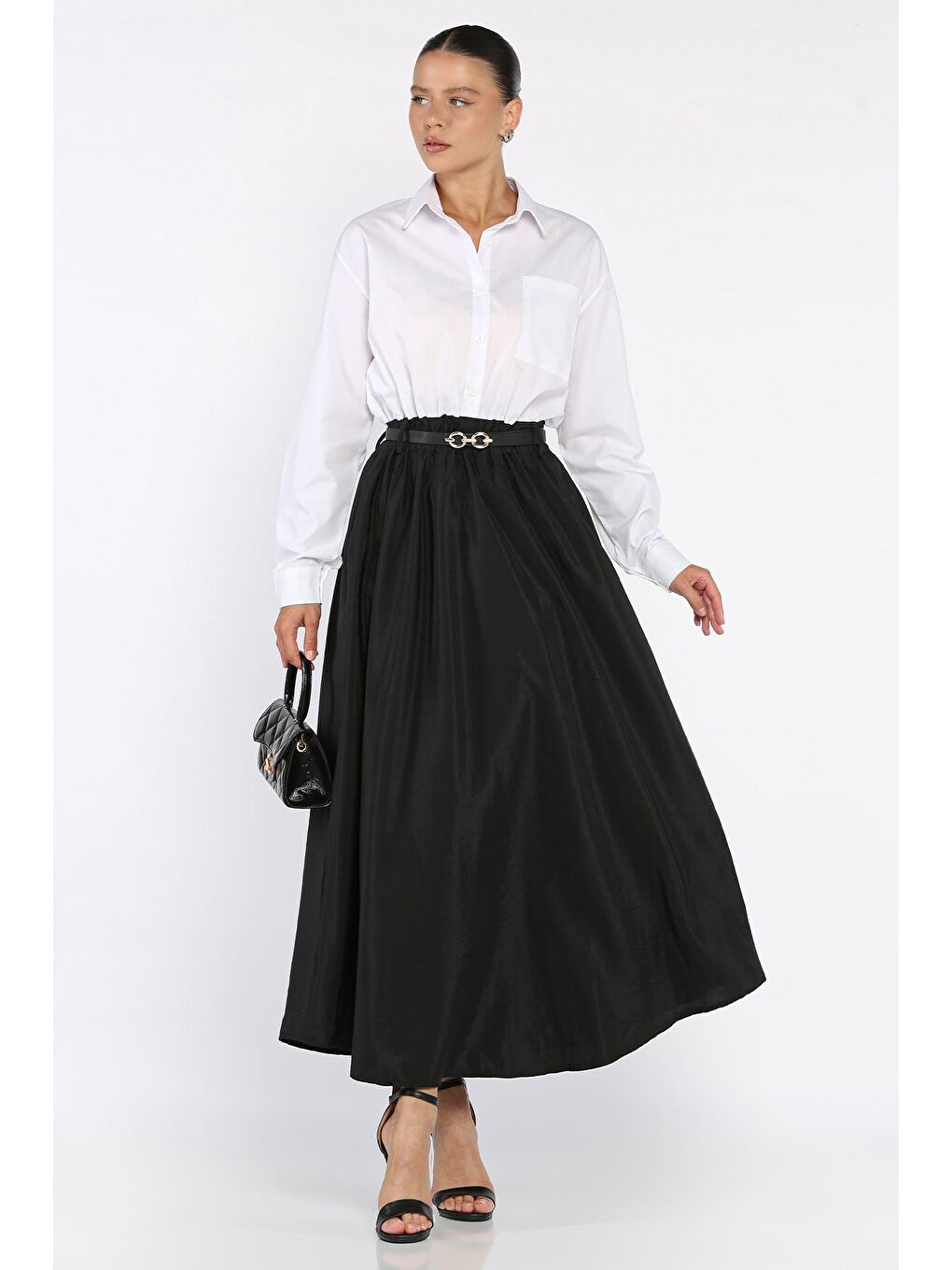 Siyah Kadın Garnili Cep Detaylı Kemerli Elbise-1