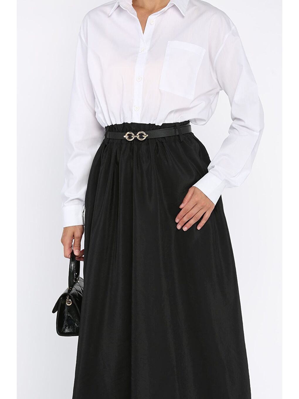 Siyah Kadın Garnili Cep Detaylı Kemerli Elbise-3