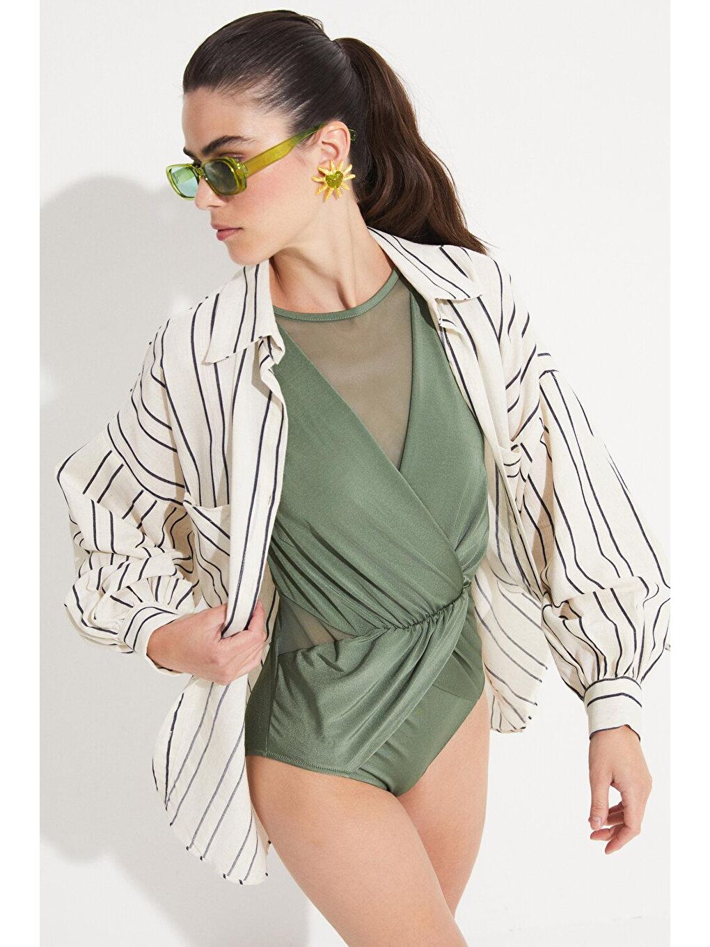 Lacivert Kadın Pamuk Karışımlı Çizgili Bol Kesim Gömlek