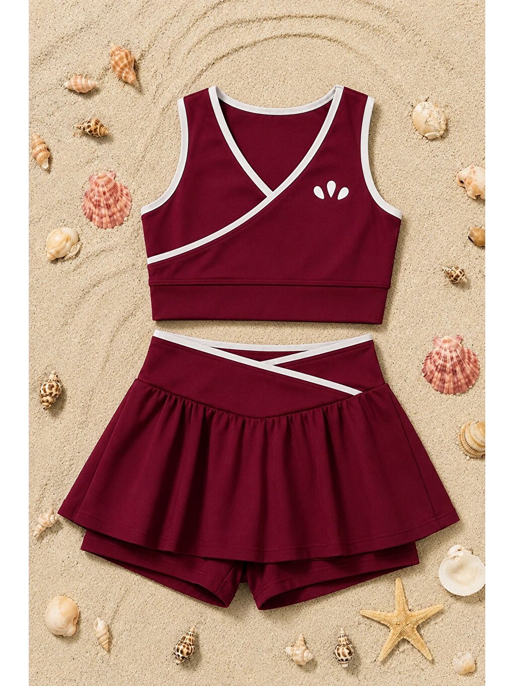 Kız Çocuk Sportif Bordo Renk Crop - Şort Etek Alt Üst - Takım-1