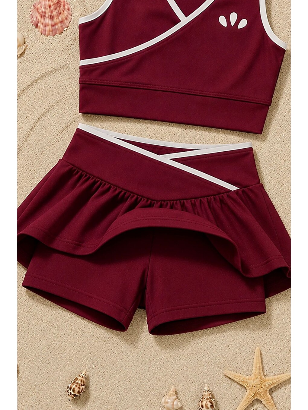 Kız Çocuk Sportif Bordo Renk Crop - Şort Etek Alt Üst - Takım-2