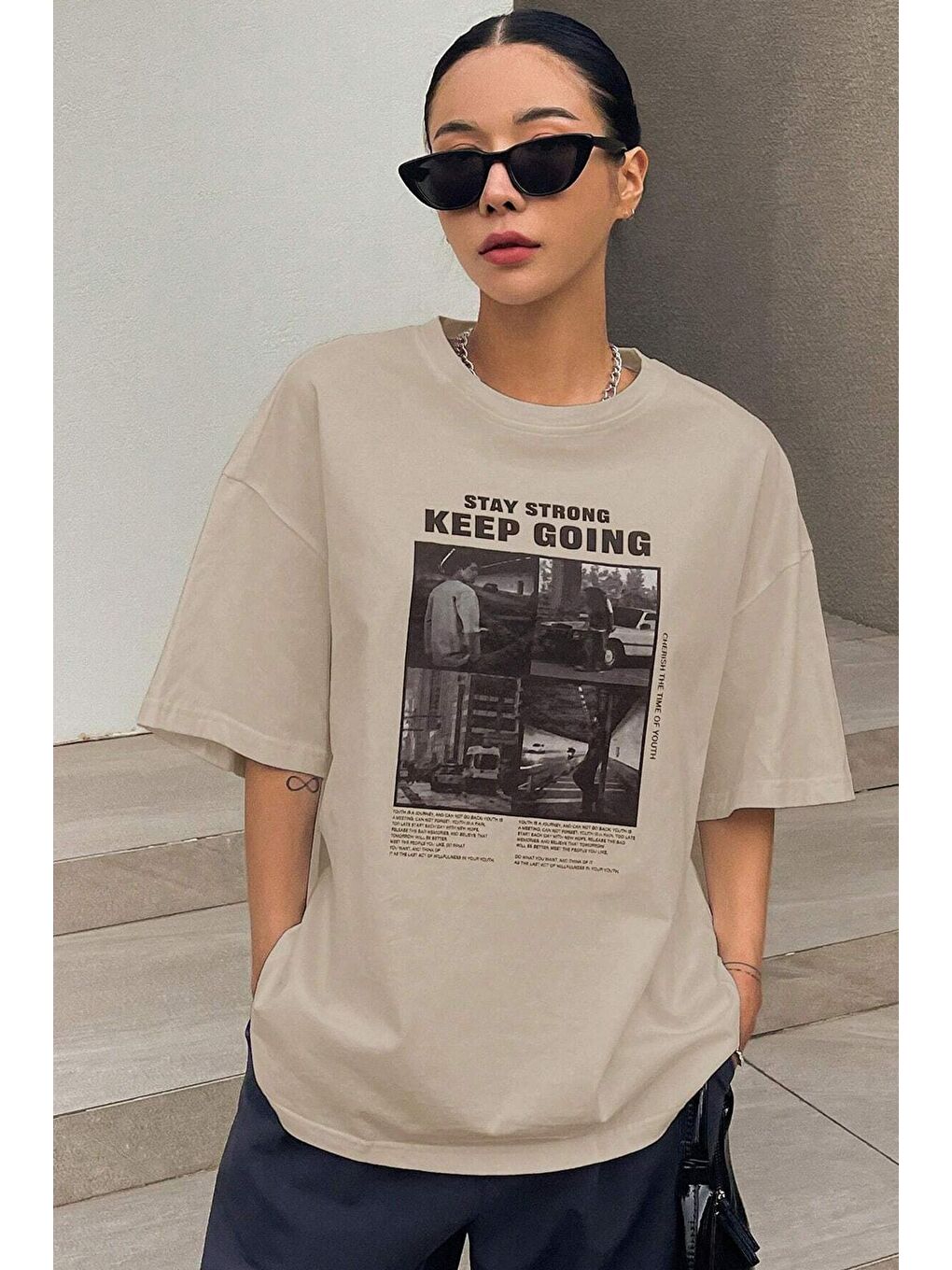 uyguntarz Bej KeepGoing Baskılı Tasarım Tshirt - 1