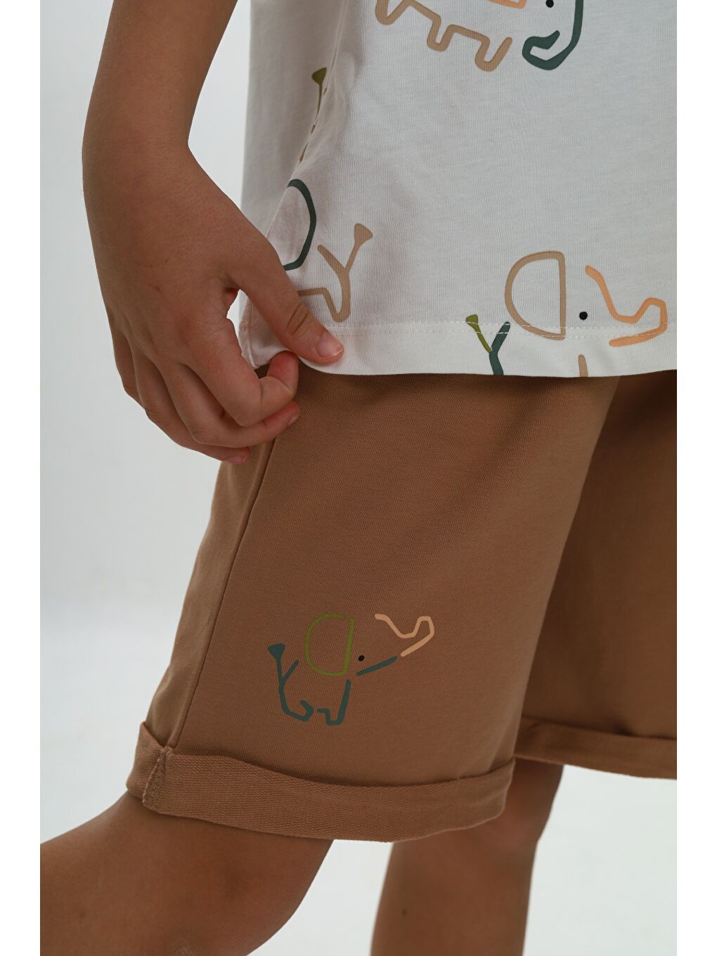 Kahverengi Erkek Çocuk Fil Baskılı Şortlu Takım-3