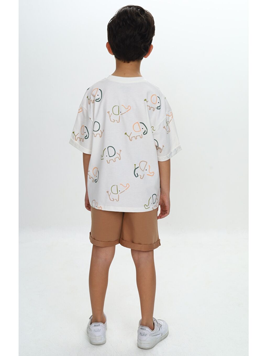 Kahverengi Erkek Çocuk Fil Baskılı Şortlu Takım-5