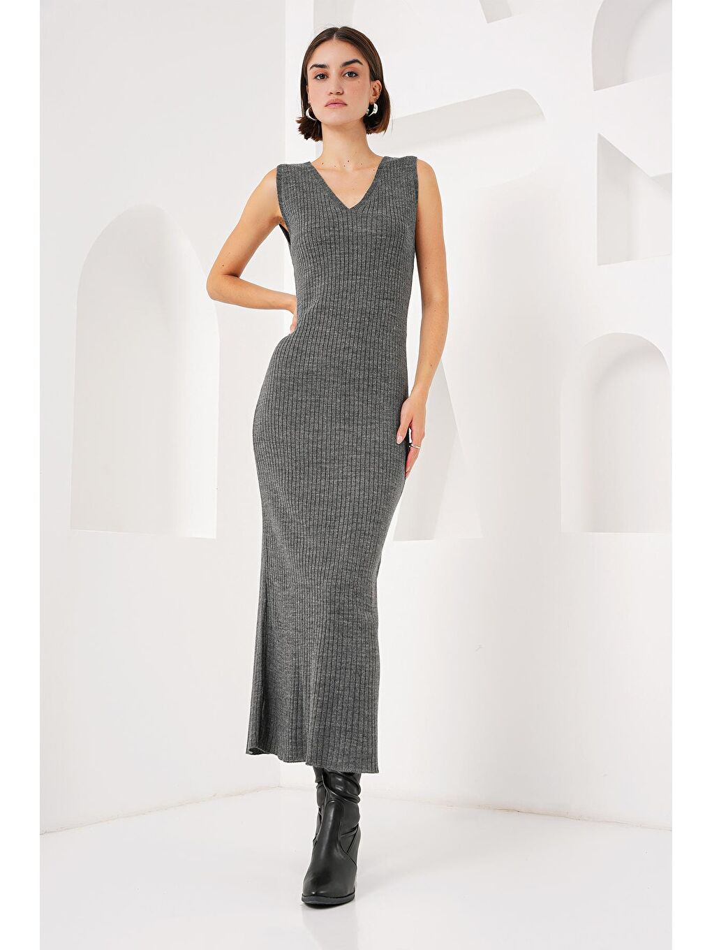 15894 Triko Elbise Kazak İkili Takım - Gri-1