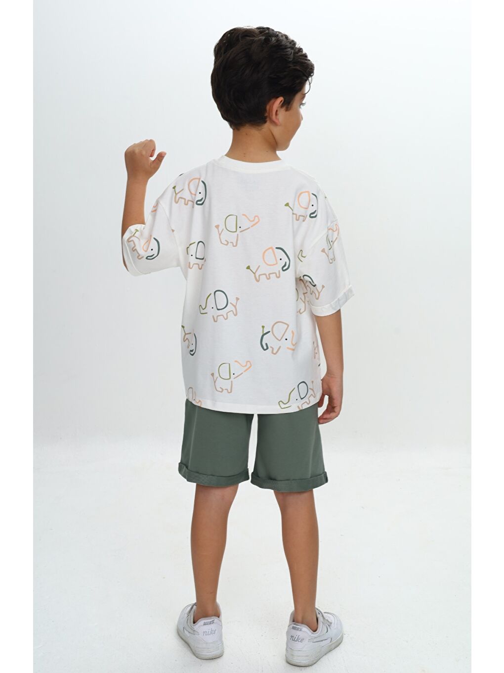 Yeşil Erkek Çocuk Fil Baskılı Şortlu Takım-3