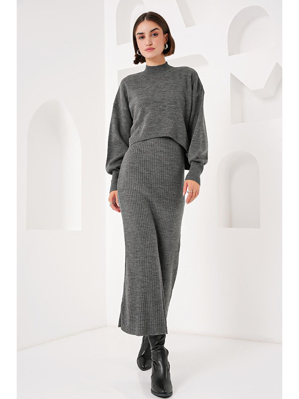 15894 Triko Elbise Kazak İkili Takım - Gri-2