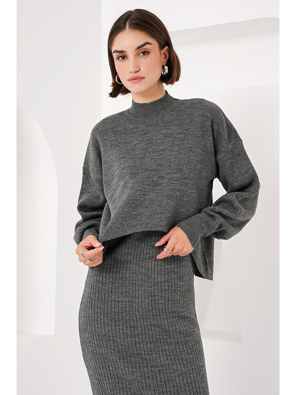 15894 Triko Elbise Kazak İkili Takım - Gri-3