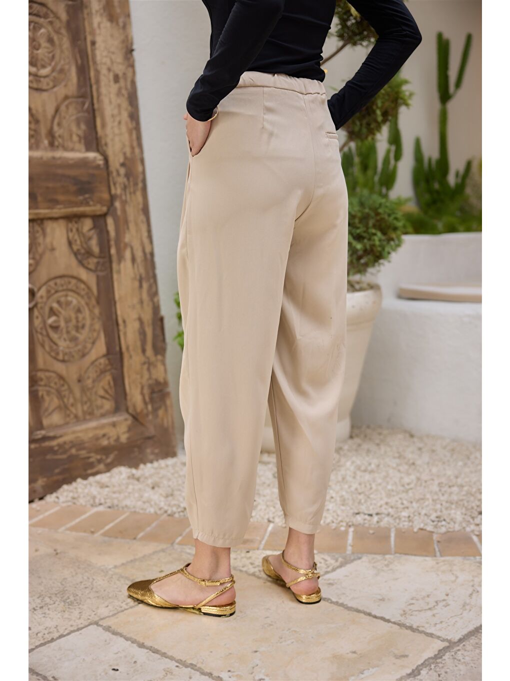 Ekru Kadın Beli Lastikli  Havuç Pantolon Krem-2