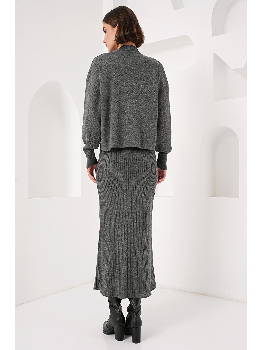 15894 Triko Elbise Kazak İkili Takım - Gri-4