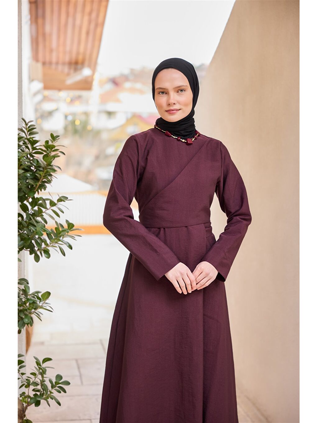 Kadın Önü Alerli Cupra Elbise Bordo-1