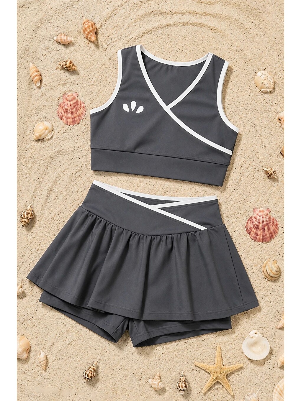 Kız Çocuk Sportif Gri Renk Crop - Şort Etek Alt Üst - Takım-1