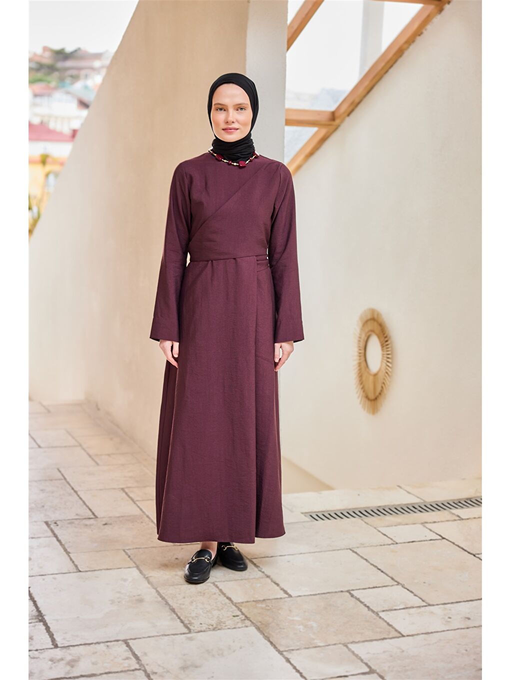 Kadın Önü Alerli Cupra Elbise Bordo-2