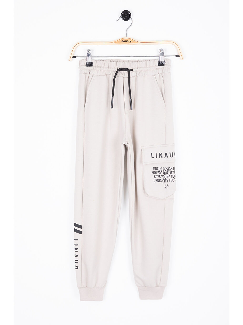 Ekru Krem Yazı Baskılı Cepli Erkek Çocuk Beli Lastikli Eşofman Altı 20204