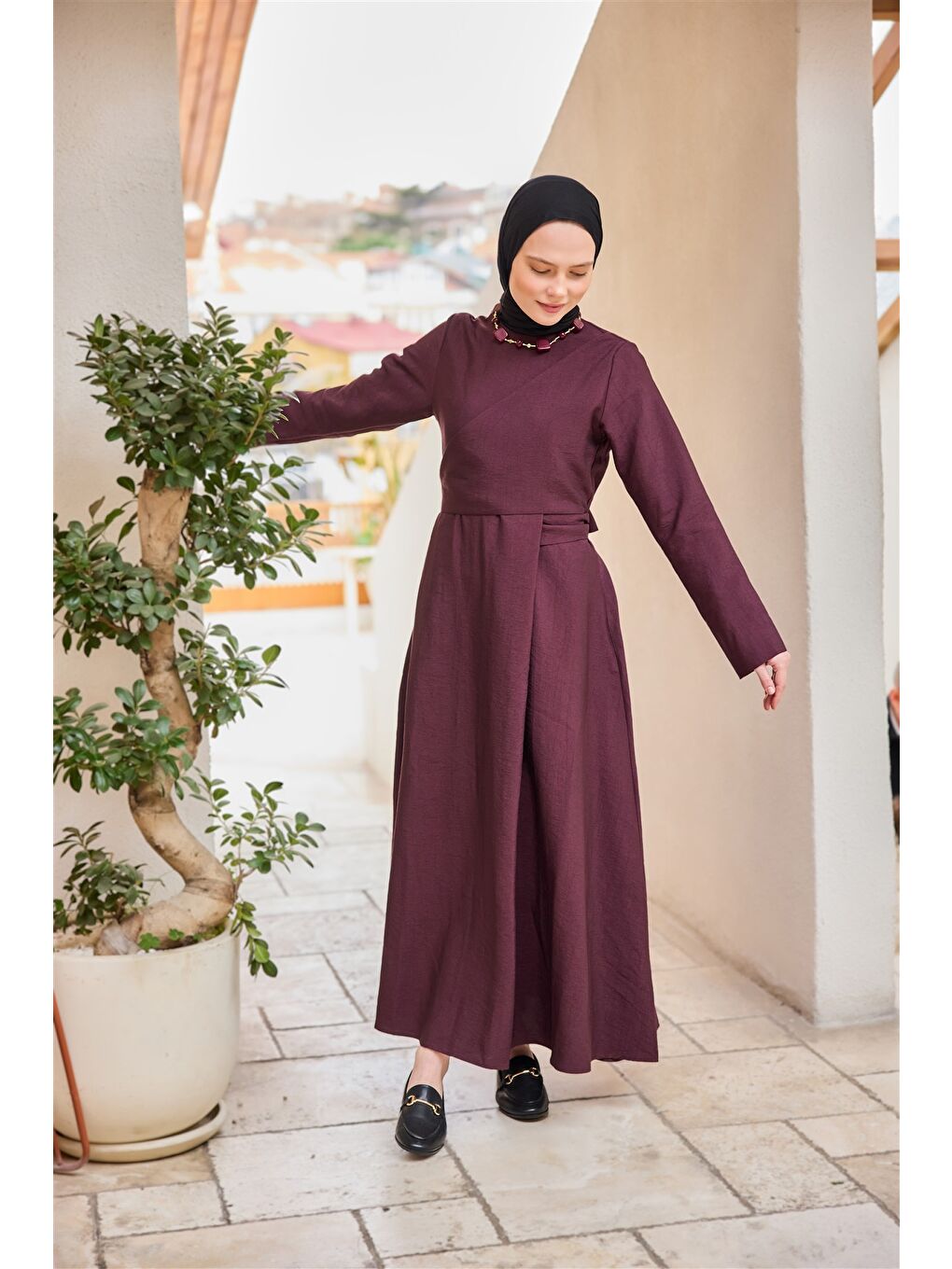 Kadın Önü Alerli Cupra Elbise Bordo-3