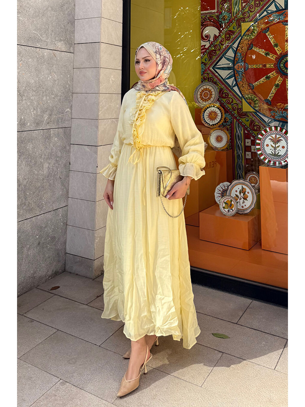 Kadın Önü Fırfırlı Bel Bağlamalı Tül Elbise Sarı-3
