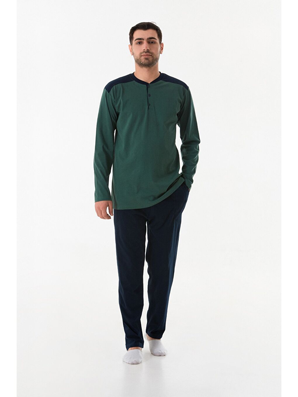 Yeşil Yarım Düğmeli Bisiklet Yaka Pijama Takımı