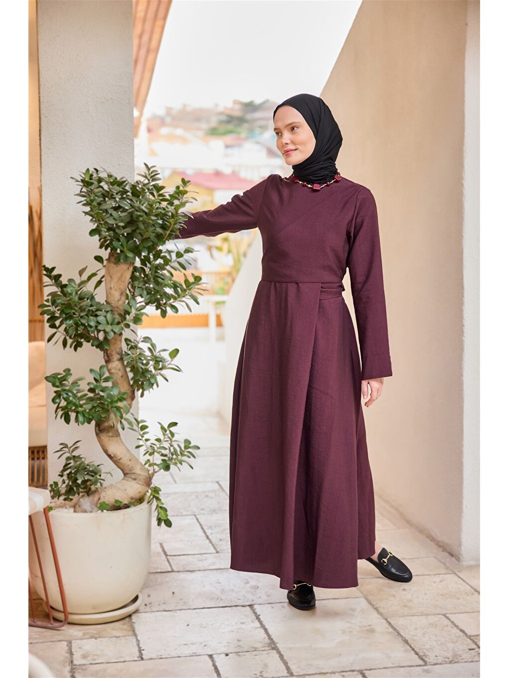 Kadın Önü Alerli Cupra Elbise Bordo-4