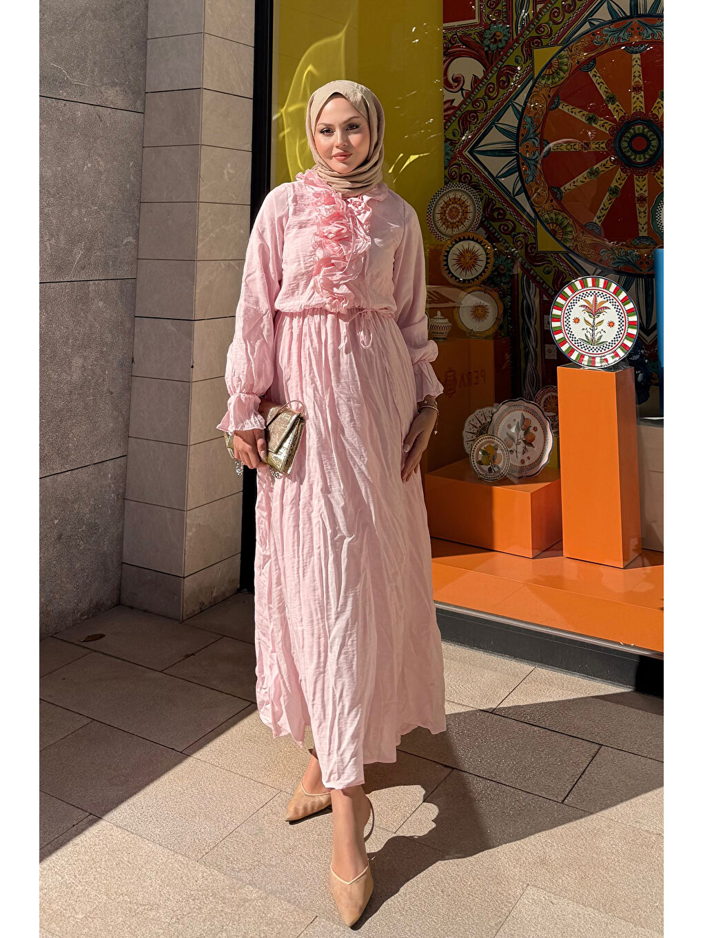 Kadın Önü Fırfırlı Bel Bağlamalı Tül Elbise Pembe-1