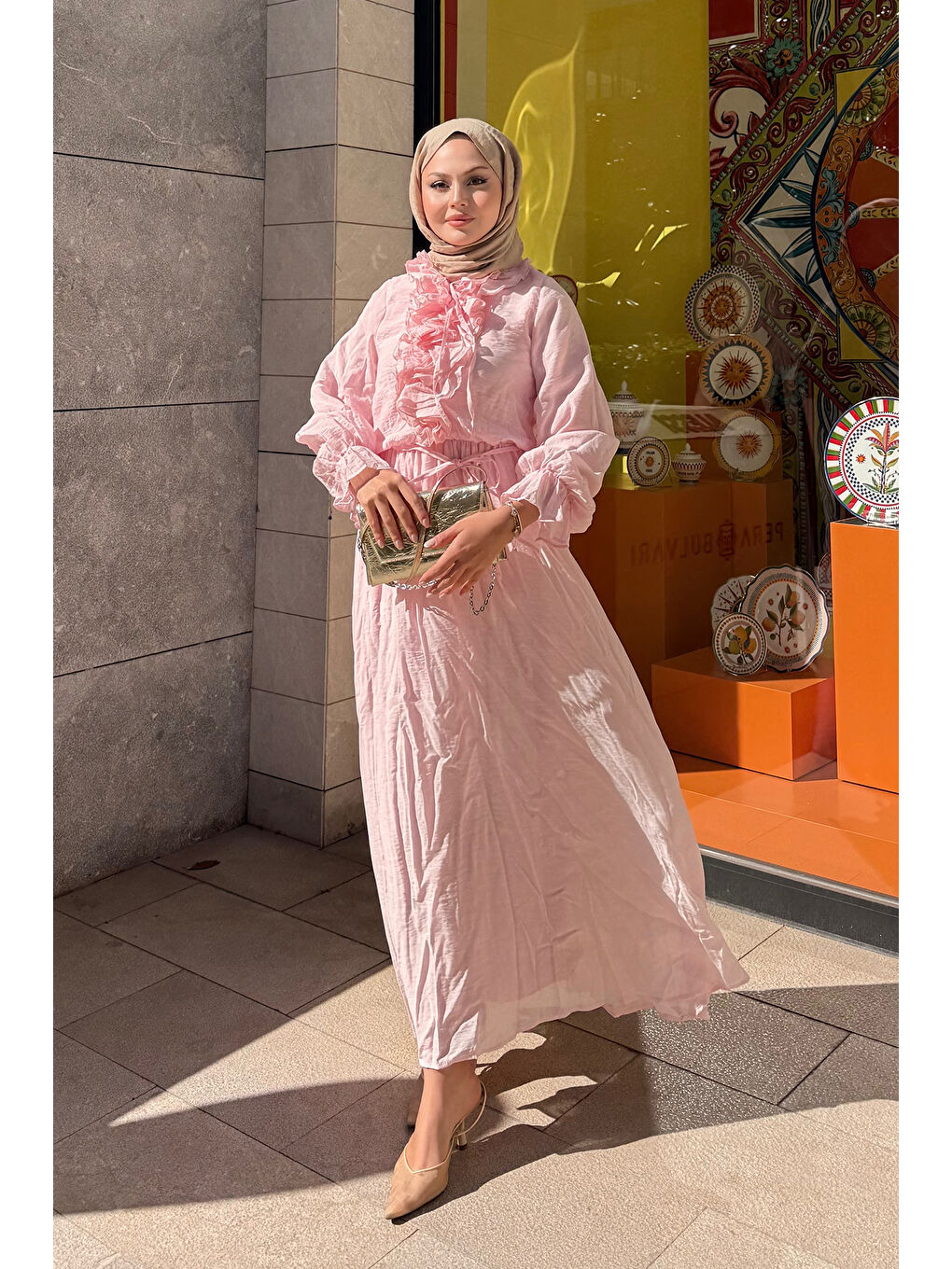 Kadın Önü Fırfırlı Bel Bağlamalı Tül Elbise Pembe-2