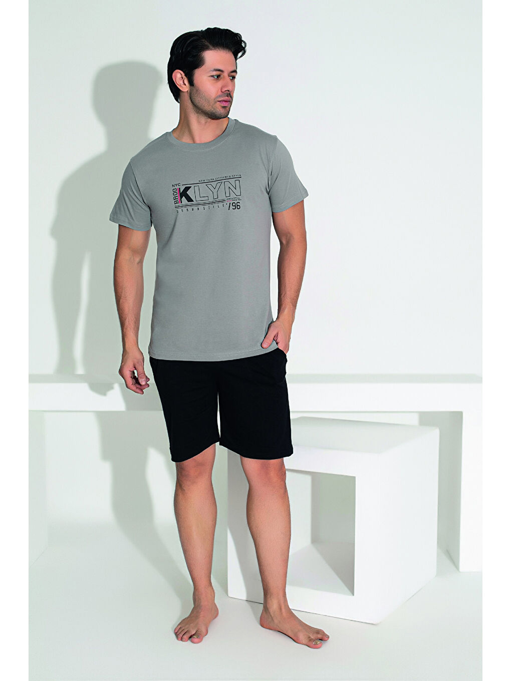 Erkek Şort Tişört %100 Pamuk Şortlu Pijama Takımı 25254 Gri-2