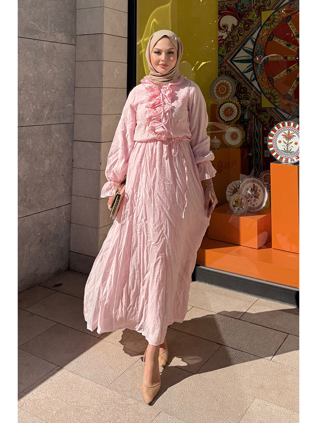 Kadın Önü Fırfırlı Bel Bağlamalı Tül Elbise Pembe-3
