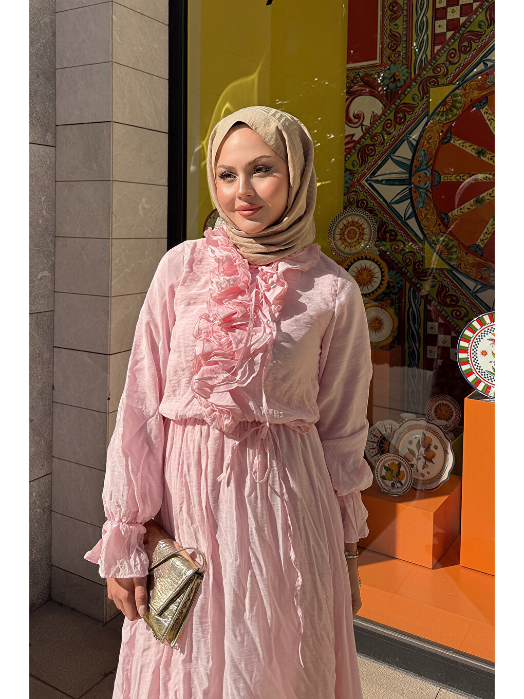 Kadın Önü Fırfırlı Bel Bağlamalı Tül Elbise Pembe-4
