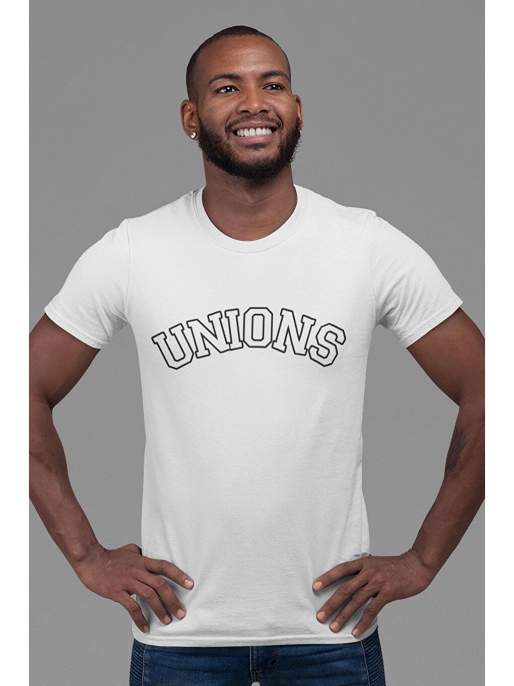 Beyaz UNIONS varsity Baskılı, Pamuklu Bisiklet Yaka Erkek Tişört