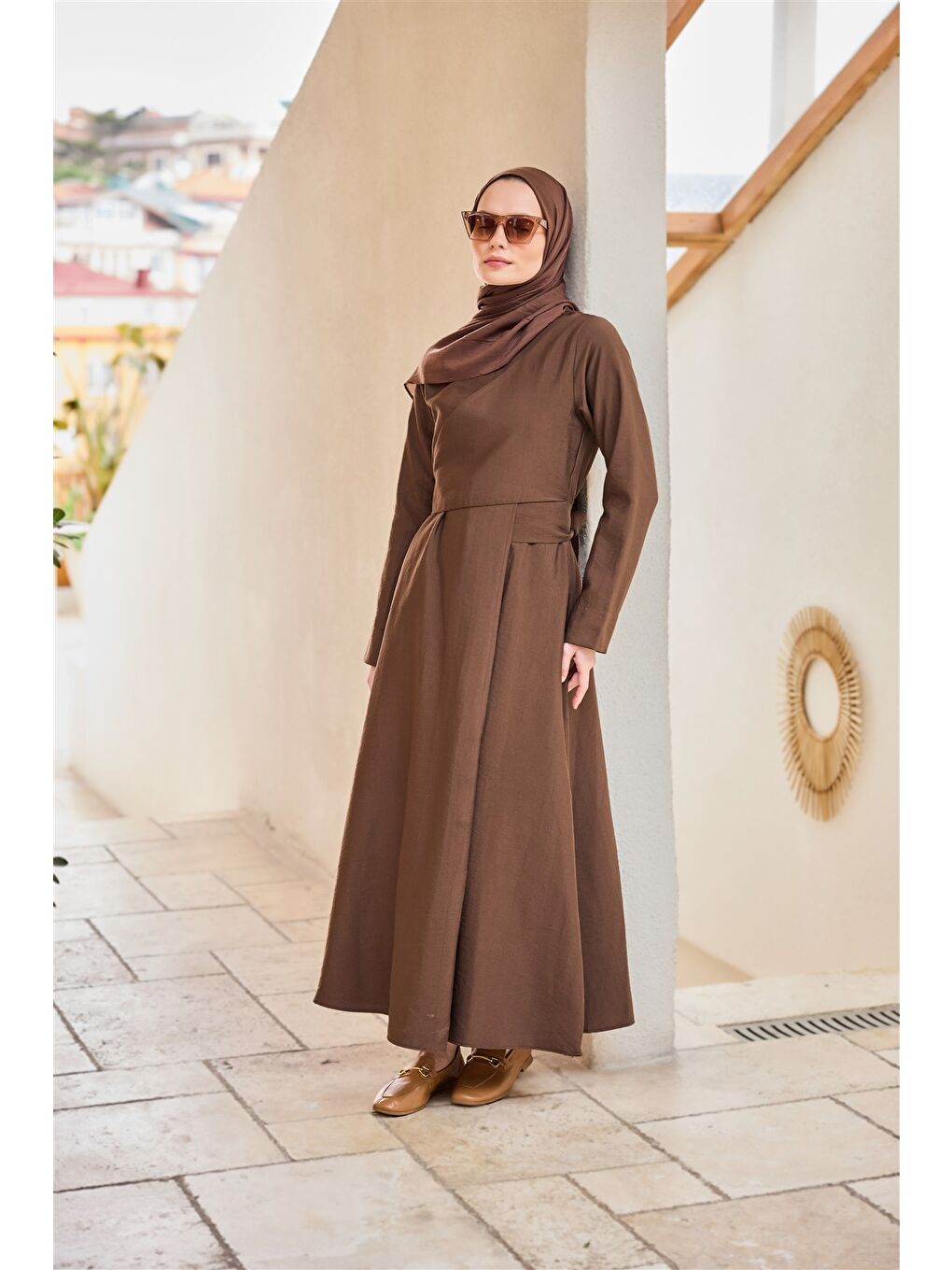 Kadın Önü Alerli Cupra Elbise Kahverengi-1