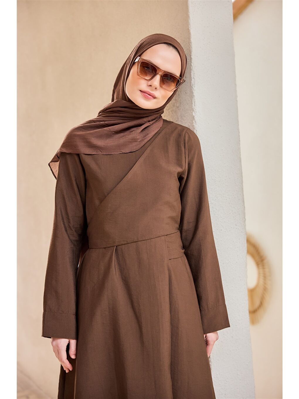 Kadın Önü Alerli Cupra Elbise Kahverengi-2