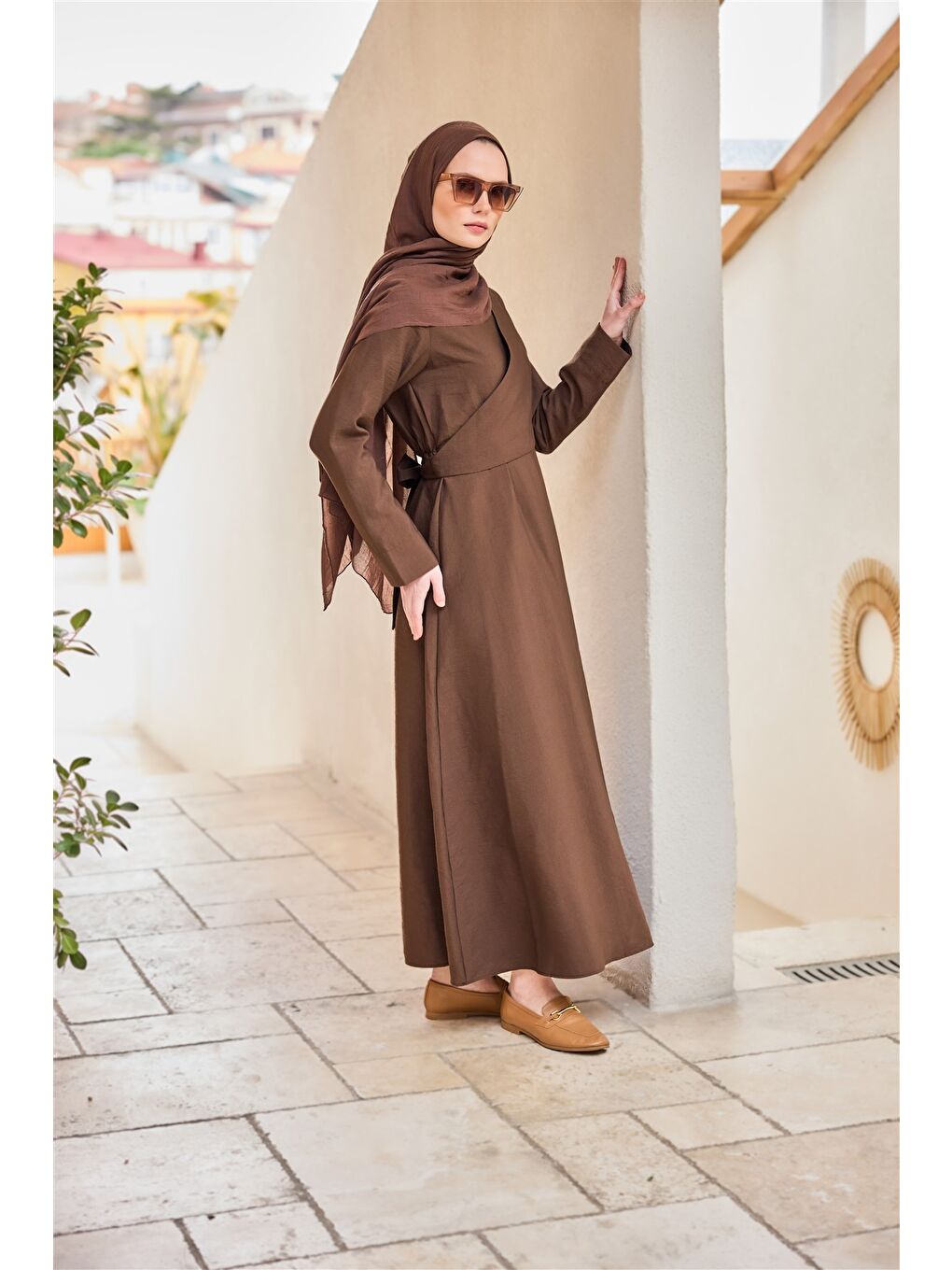 Kadın Önü Alerli Cupra Elbise Kahverengi-3