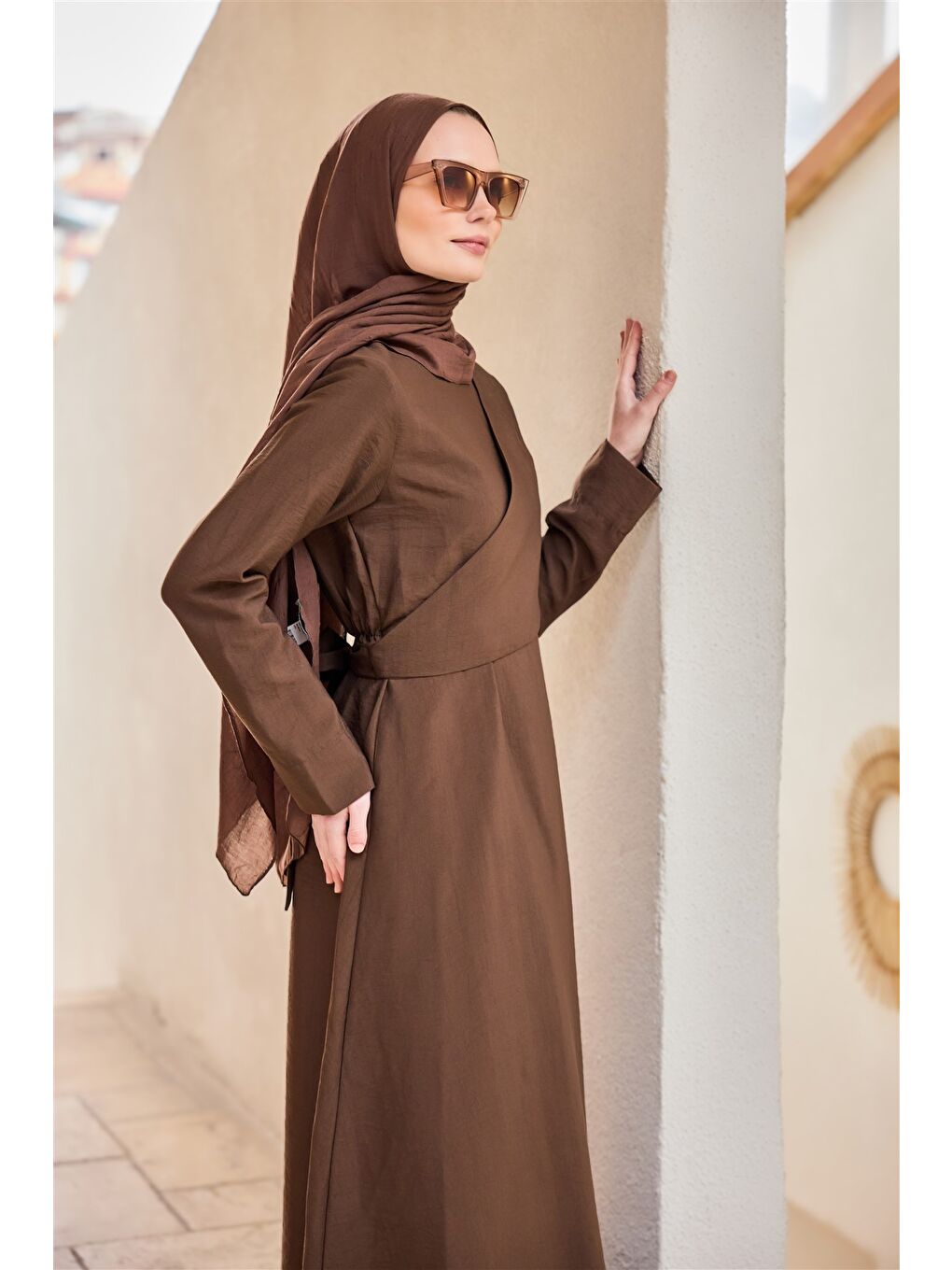 Kadın Önü Alerli Cupra Elbise Kahverengi-4