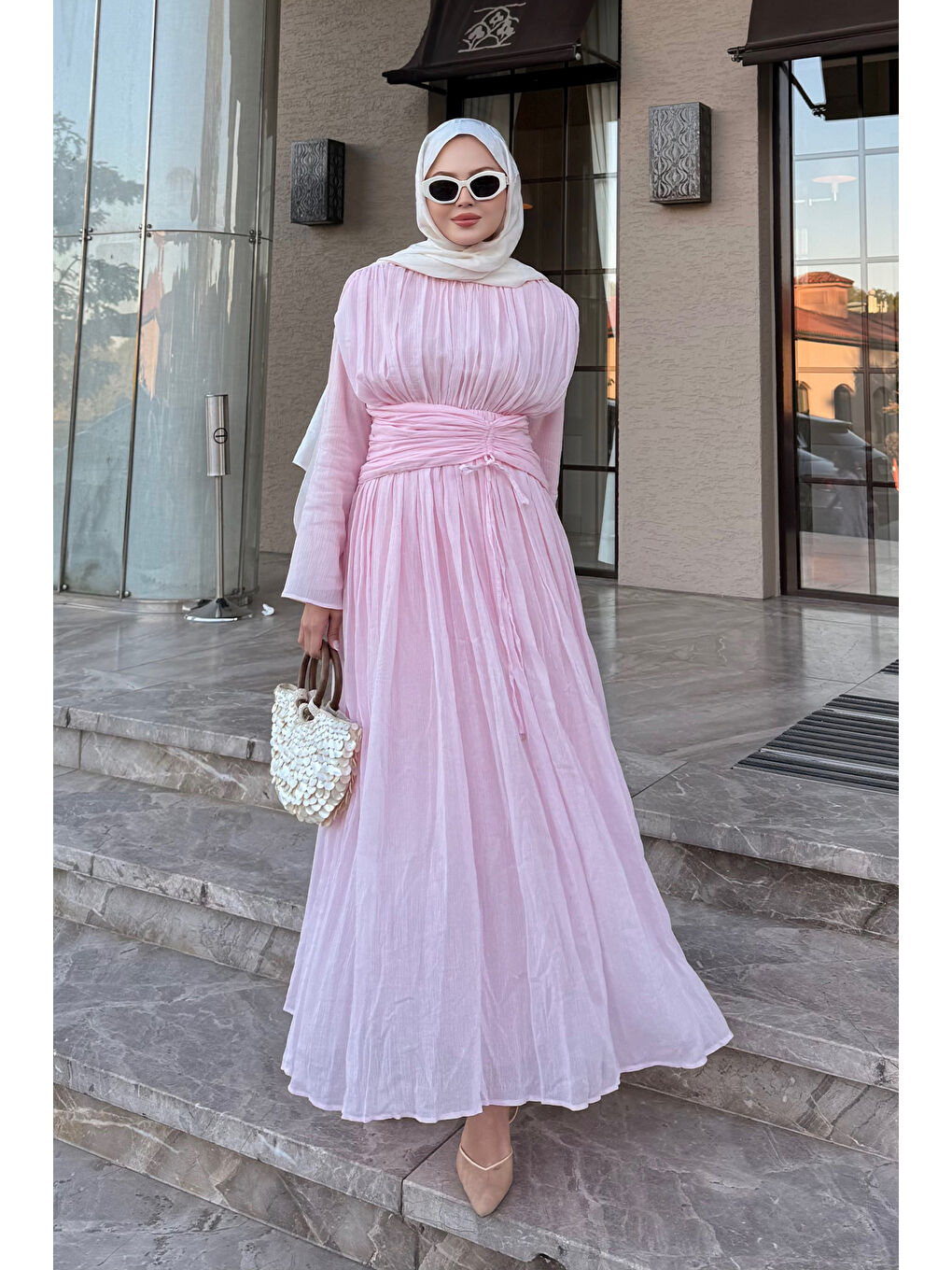 Kadın Pilise Bel Kuşaklı Tül Detay Elbise Pembe