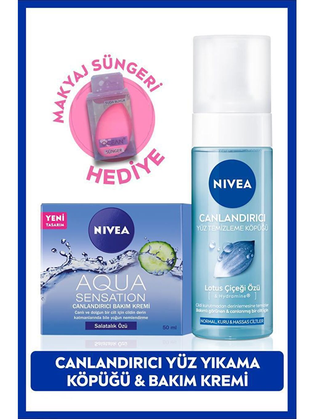 NIVEA Aqua Sensation Canlandırıcı Bakım Kremi 50ml, Canlandırıcı Yüz Temizleme Jeli 200ml, Sünger Hediyeli