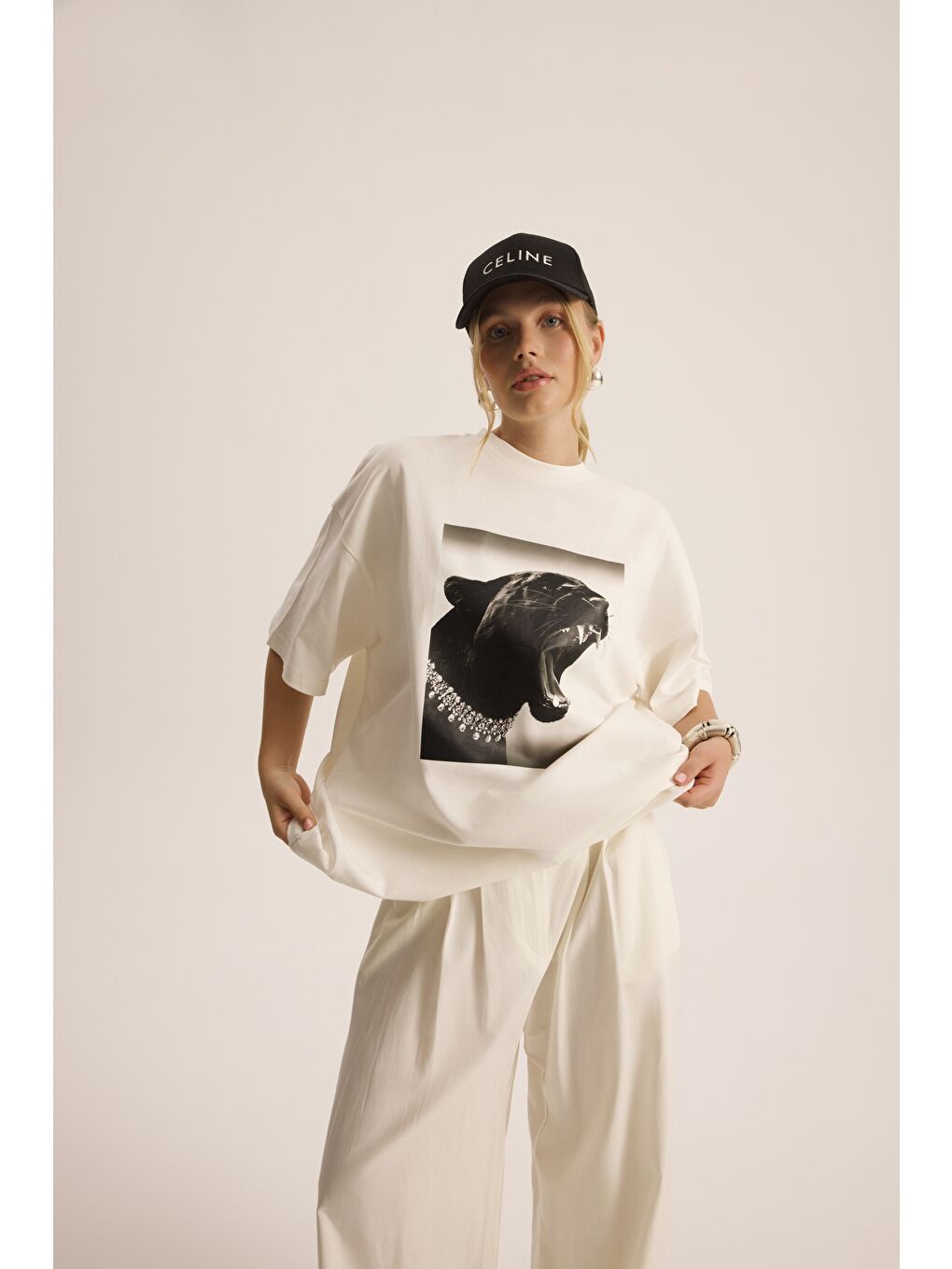 Panthera Oversize Beyaz T-Shirt-5