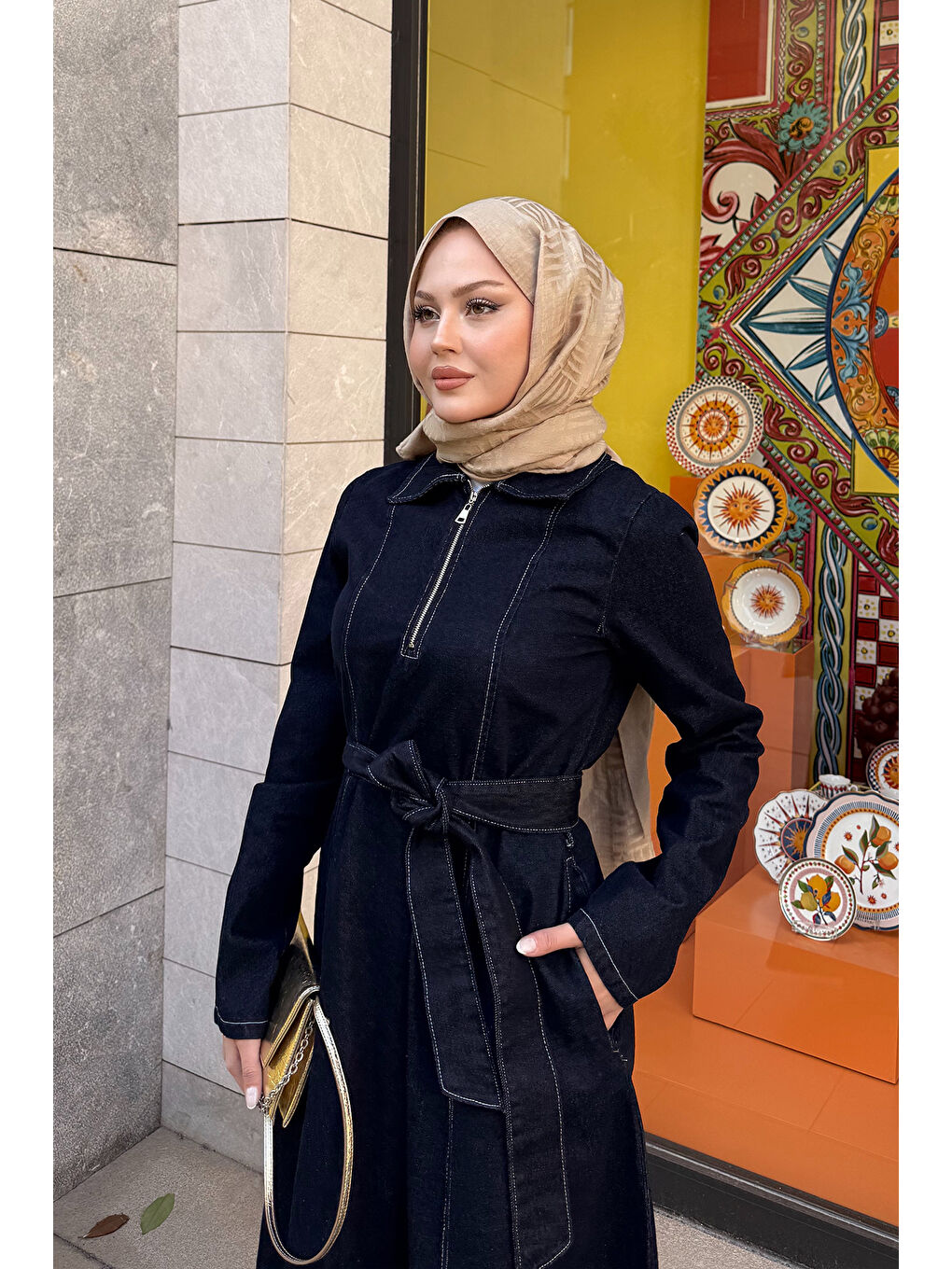 Kadın Yarım Fermuarlı Dikiş Detay Jean Elbise Lacivert-3