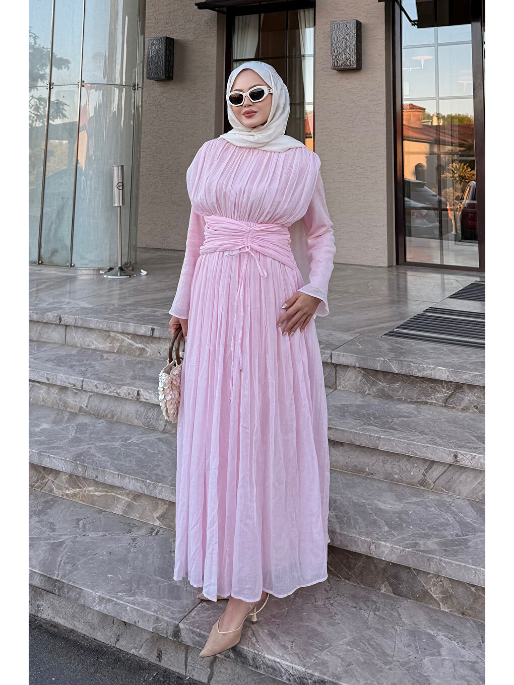Kadın Pilise Bel Kuşaklı Tül Detay Elbise Pembe-1