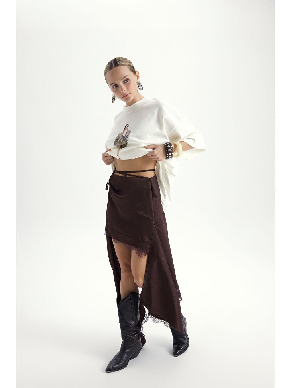 Kahverengi Morlina Dantel Detay Kahve Saten Etek-2