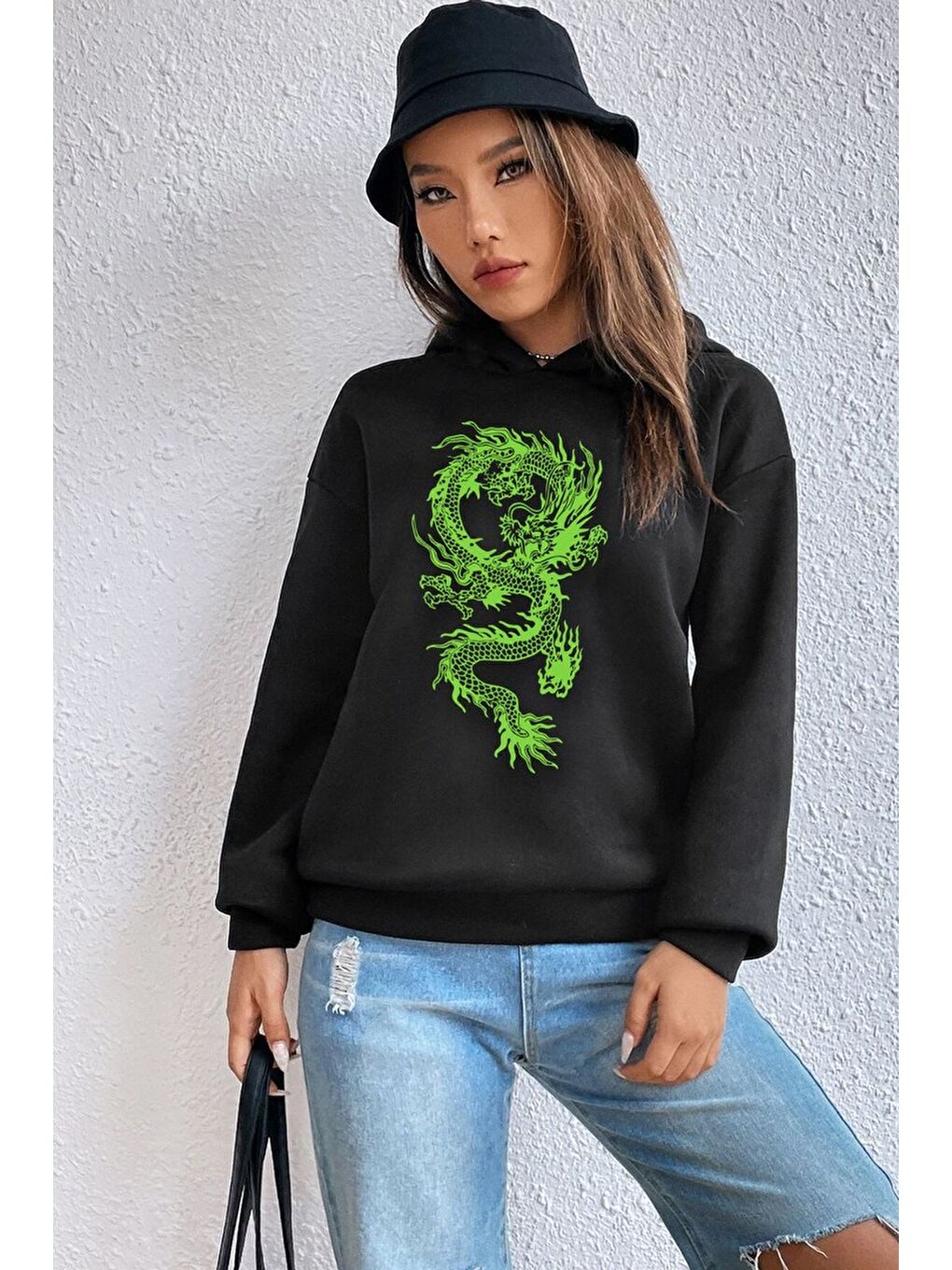 uyguntarz Siyah Unisex Chinese Dragon Graphic Baskılı Sweatshirt - 1