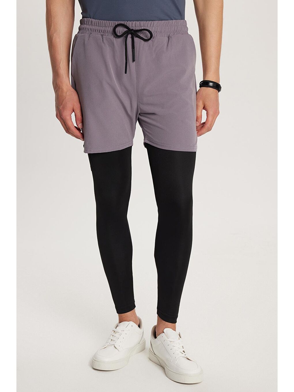 Erkek Standart Fit Beli Bağlamalı Lastikli Cepli Esnek Kumaş Gri Uzun Sporcu Tayt Şort